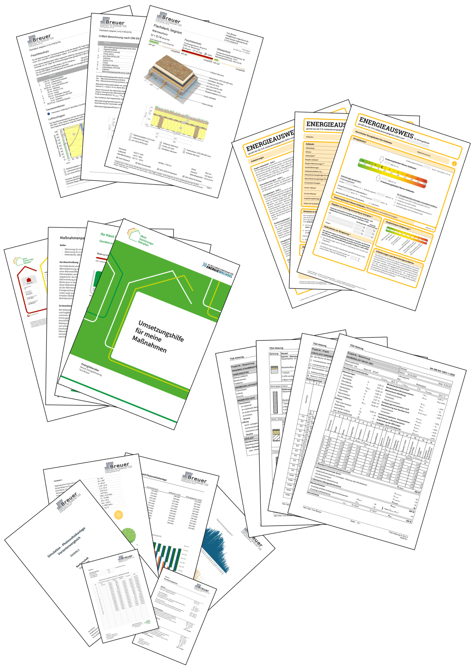 Eine Auflistung von Dokumenten, die zeigen, Heizlastberechnung, Individueller Sanierungsfahrplan, Energieausweis und mehr.